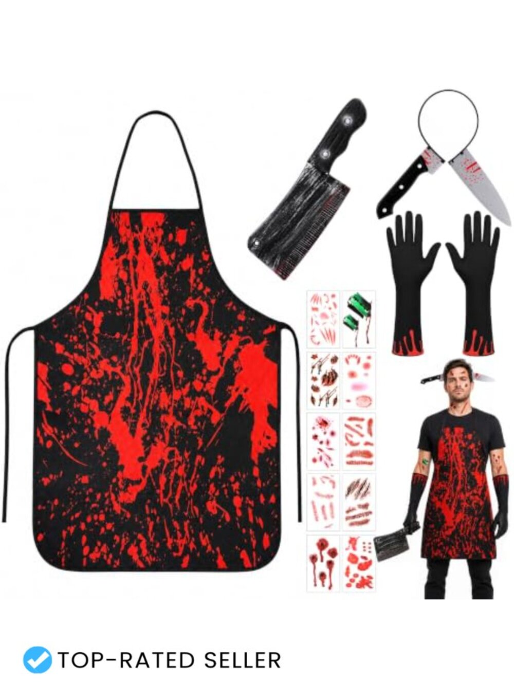 Halloween Butcher Costume Set Chef Apron Gloves Prop Knife Headband